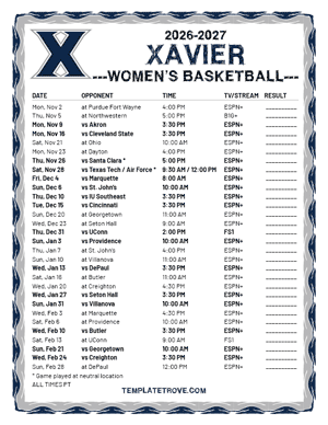 Xavier Musketeers Women's Basketball 2026-27 Printable Schedule - Pacific Times