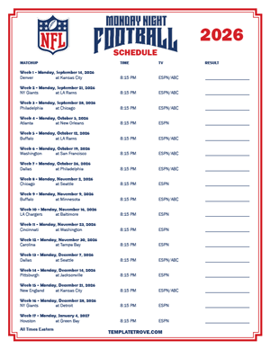 2026 Printable NFL Monday Night Football Schedule