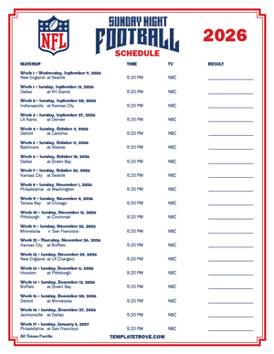 2026 Printable NFL Sunday Night Football Schedule - Pacific Times