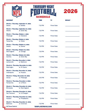2026 Printable NFL Thursday Night Football Schedule - Central Times