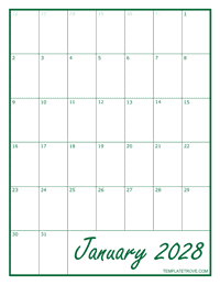 2028 Blank Monthly Calendar - Green