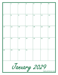 2029 Blank Monthly Calendar - Green