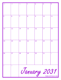 2031 Blank Monthly Calendar - Purple