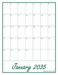 2035 Blank Monthly Calendar - Green
