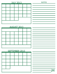 3 Month Calendar - July, August and September