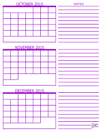 3 Month Calendar - October, November and December
