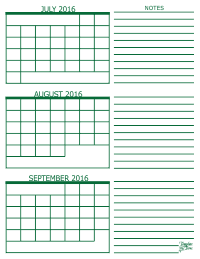 3 Month Calendar - July, August and September