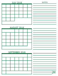 3 Month Calendar - July, August and September