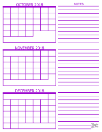 3 Month Calendar - October, November and December