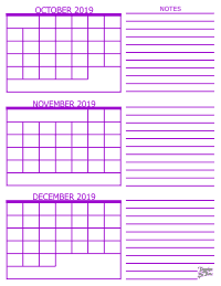 3 Month Calendar - October, November and December