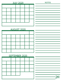3 Month Calendar - July, August and September
