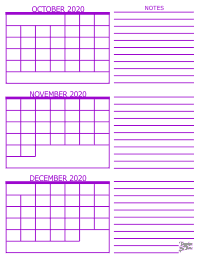 3 Month Calendar - October, November and December