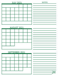 3 Month Calendar - July, August and September