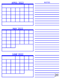 2022 3 Month Calendar - April, May and June