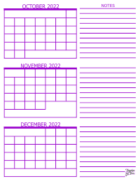 3 Month Calendar - October, November and December