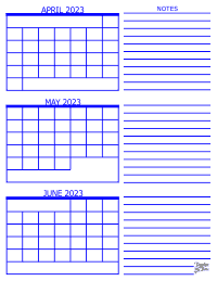2023 3 Month Calendar - April, May and June