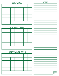 3 Month Calendar - July, August and September
