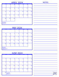 2024 3 Month Calendar - April, May and June