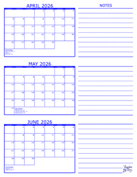 2026 3 Month Calendar - April, May and June