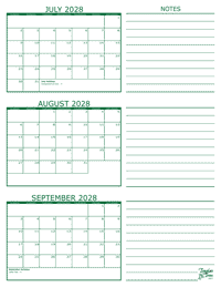 3 Month Calendar - July, August and September