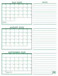 3 Month Calendar - July, August and September