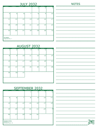 3 Month Calendar - July, August and September
