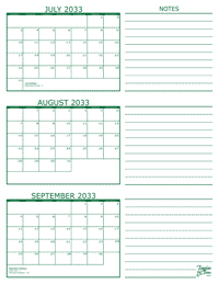 3 Month Calendar - July, August and September