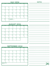 3 Month Calendar - July, August and September