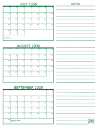 3 Month Calendar - July, August and September