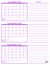 3 Month Calendar - October, November and December