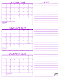 3 Month Calendar - October, November and December