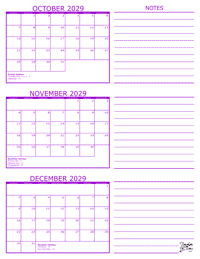 3 Month Calendar - October, November and December