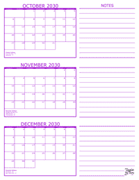 3 Month Calendar - October, November and December