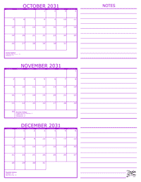 3 Month Calendar - October, November and December