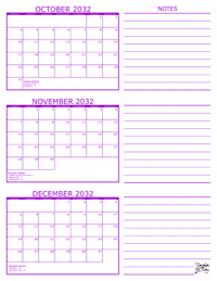 3 Month Calendar - October, November and December