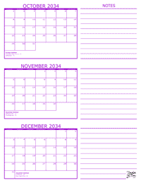 3 Month Calendar - October, November and December