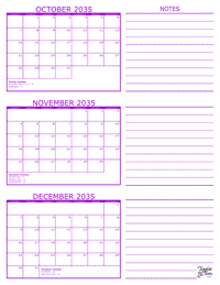 3 Month Calendar - October, November and December