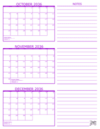 3 Month Calendar - October, November and December