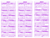 Purple 3 Year Calendar - 2020 - 2021 - 2022