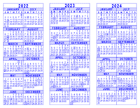 Blue 3 Year Calendar - 2022 - 2023 - 2024