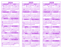 Purple 3 Year Calendar - 2024 - 2025 - 2026