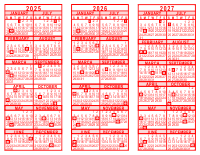 2025-26-27 3 Year Calendar - Red