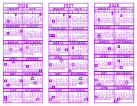 Purple 3 Year Calendar - 2026 - 2027 - 2028