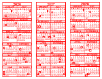 2026-27-28 3 Year Calendar - Red