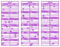 Purple 3 Year Calendar - 2027 - 2028 - 2029