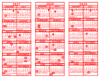 2027-28-29 3 Year Calendar - Red