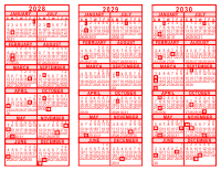 2028-29-30 3 Year Calendar - Red