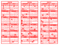 2029-30-31 3 Year Calendar - Red