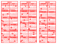 2031-32-33 3 Year Calendar - Red