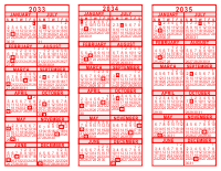 2033-34-35 3 Year Calendar - Red